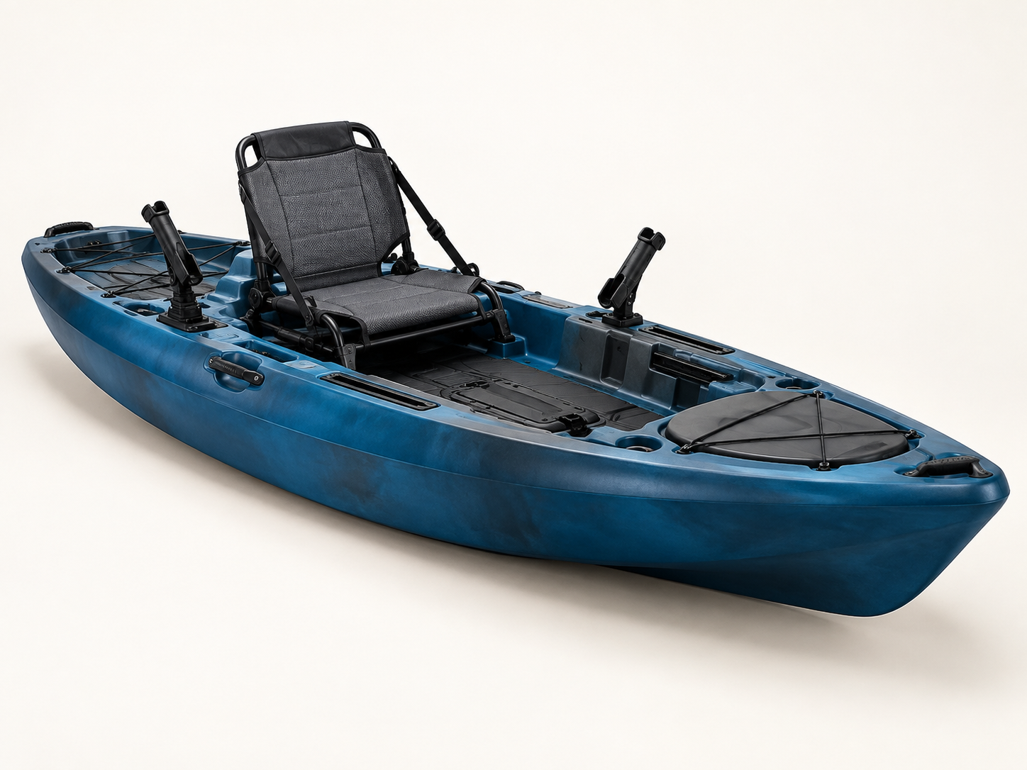 Fishing kayak with raised seat and rod holders
