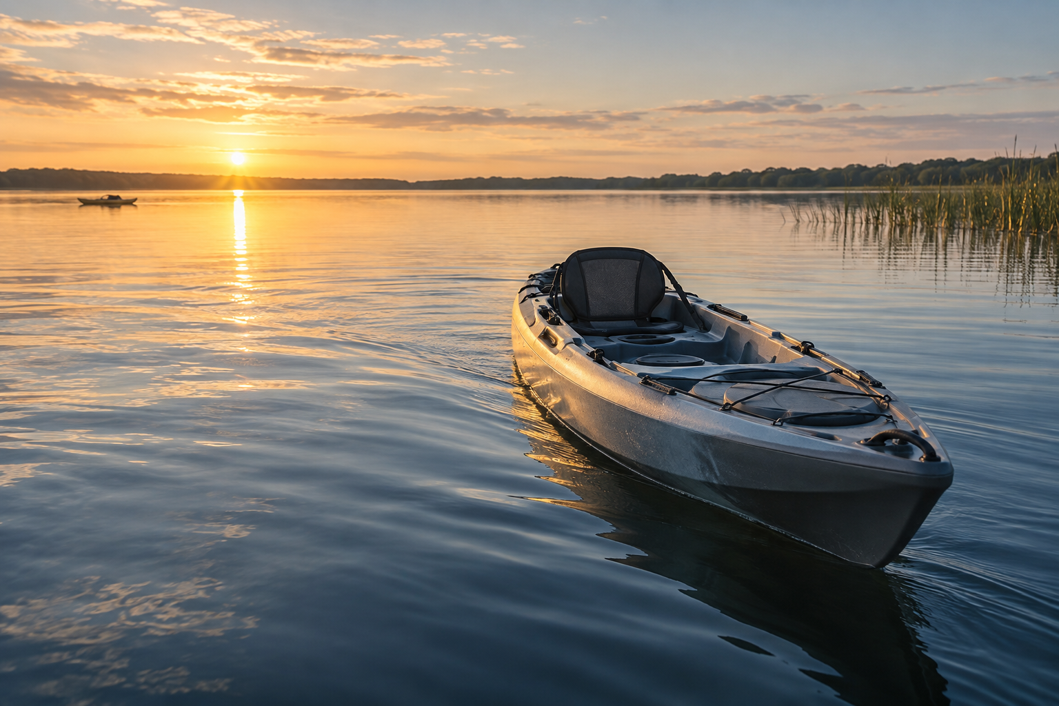 A sit-on-top kayak gliding across a calm lake at sunrise